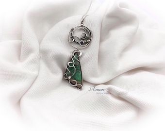Antique Sterling Silver Elven Gothic Gemstone Pendant Wire Wrapped Variscite Necklace Fantasy Witchy Triangular Unique Jewelry