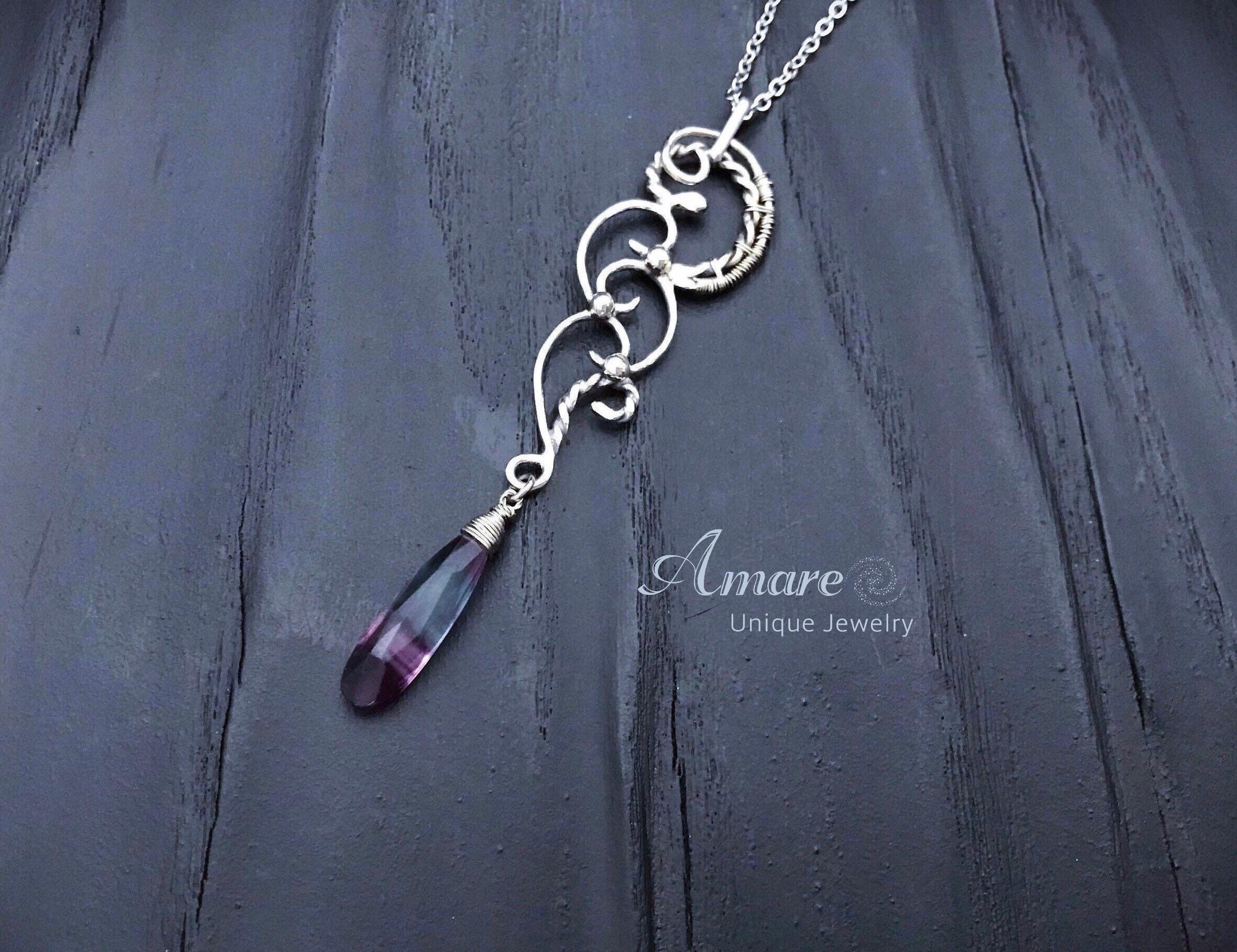 Silver Long Rainbow Fluorute and Chalcedony Pendant Wire Wrapped Fantasy Elven Elvish Witchy Necklace Jewelry Art Nouveau Pendant