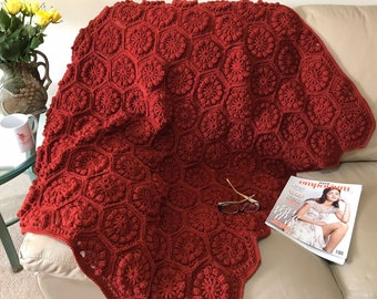 Crochet hexagon afghan, dark red blanket, brick colour blanket, home decore, Xmas gift, Housewarming gift, small afghan