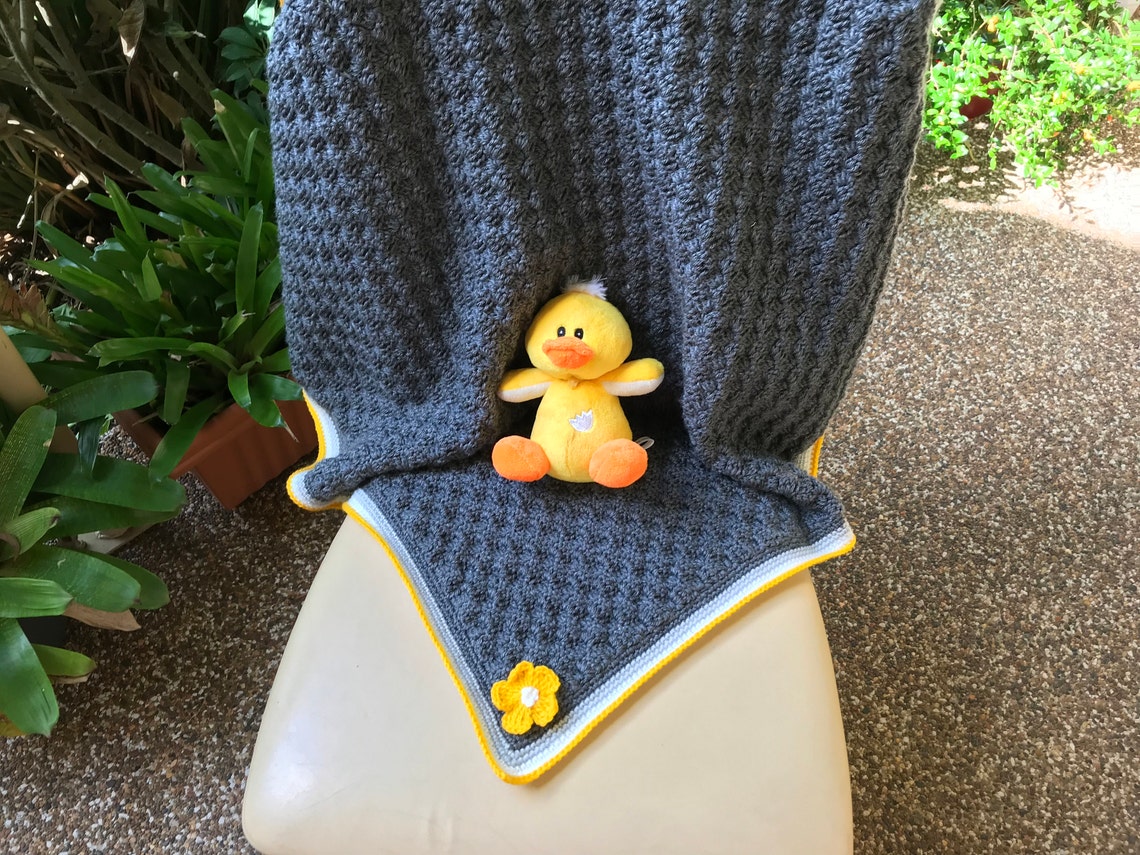 Grey and Yellow Crochet Baby Blanket, Nursery Decor, Corners to Corner