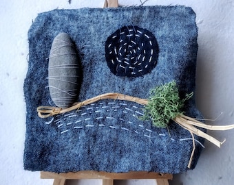 COLLAGE fantasy DENIM with STONE recalling Sashiko style and with easel