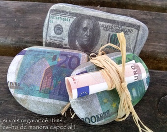 DECORATED STONES, stones with BILLETES,DECOUPAGE, euros and dollars