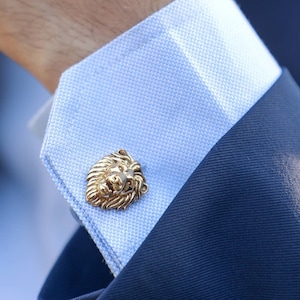 Handmade Lion cufflink set in 14k Gold Finish, Grooms gifts , Gift for him , Valentine&#39;s Gift, Gold lion brooch, Gold lion Necklace