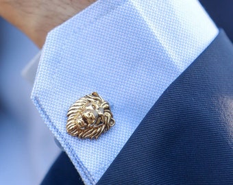 Handmade Lion cufflink set in 14k Gold Finish, Perfect for mens gifting, statement gifts for best men, Father's Day Gifts, lion brooch