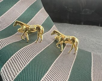 14k Gold Finish Horse Cufflinks: CZ Diamond Rider Cufflinks