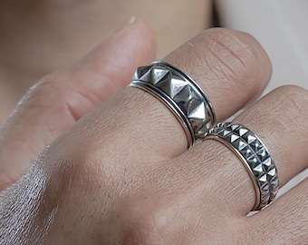 Oxidized Sterling Silver Pyramid Ring: Adjustable Geometric Punk Jewelry