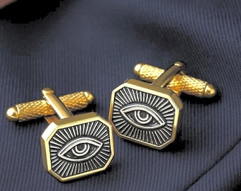 Two-Tone Evil Eye Cufflinks: 14k Gold Plated Brass Wedding Cufflinks