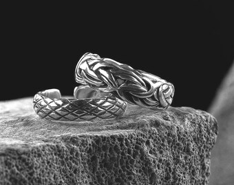 Textured Oxidized Sterling Silver Adjustable Ring: Byzantine Weave or Snake Pattern
