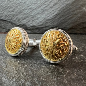 Handmade Vintage cufflink set in 14K Gold Finish, Gifting for men, Groomsmen gifts,  Valentine&#39;s Gift, Gift for him, Designer Gold cufflinks