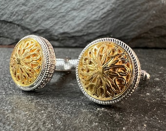 Handmade Vintage Filigree Cufflink Set 14K Gold Finish | Two-Tone Evil Eye Cufflinks: 14k Gold Plated Brass Wedding Cufflinks