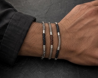 925 Sterling Silver Leather Bracelet for Men's | Handwoven foxtail Chain Bracelet | Gift for men