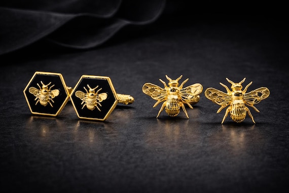Gold Honey Bee Cufflink Set: Handmade Groomsmen Gift, 14k Gold
