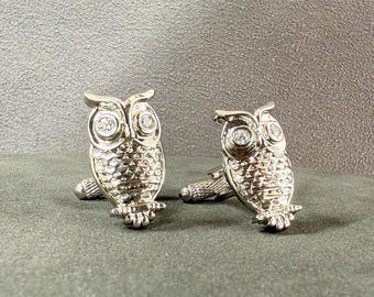 Handmade Owl Cufflinks: White Gold Finish, Cubic Zirconia Eyes