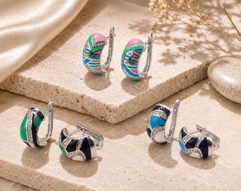 Enamel Hoop Earrings In sterling silver | Colorful Geometric Floral Huggie Earrings | Handmade Jewelry | Gift for Women | Gift for daughter