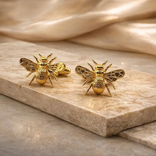 Gold Honey Bee Cufflink Set: Handmade Groomsmen Gift, 14k Gold