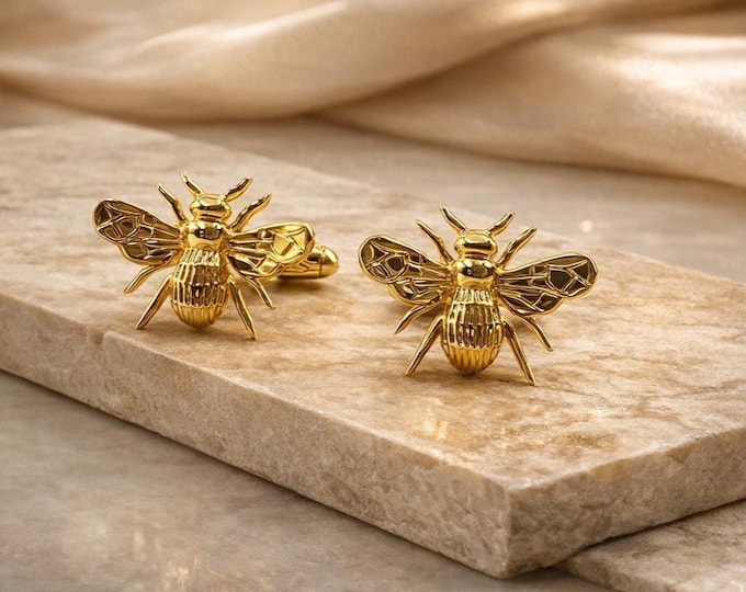 Gold Honey Bee Cufflink Set: Handmade Groomsmen Gift, 14k Gold Finish
