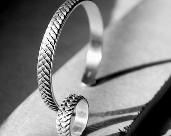 925 Sterling Silver Cuff Bracelet, Textured Oxidised Silver Bangle