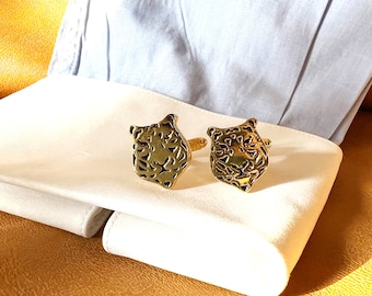 Handmade Tiger Cufflink Set: 14k Gold Finish Brass, Animal Jewelry