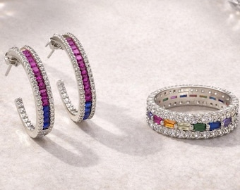 Rainbow Sapphire Hoop Earrings & Eternity Ring Set , CZ diamond jewelry, 925 sterling silver jewelry