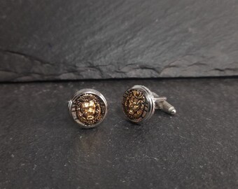 Ensemble de boutons de manchette Lion faits main dans une finition bicolore, parfait pour offrir aux hommes, cadeaux originaux pour les meilleurs hommes, cadeaux uniques pour la Saint-Valentin pour homme