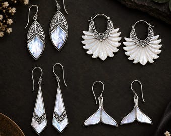 925 Sterling Silver Shel Stone Earrings, Handmade Boho Earrings, Filigree Drop Earrings, Bridesmaids gifts