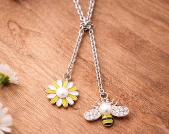 Sterling Silver Honey Bee Daisy Jewelry Set: Enamel Floral Necklace & Earrings
