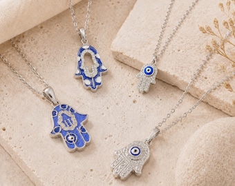 Silver Evil Eye Hamsa Necklace – Protection Jewelry, Evil Eye Charm Jewelry