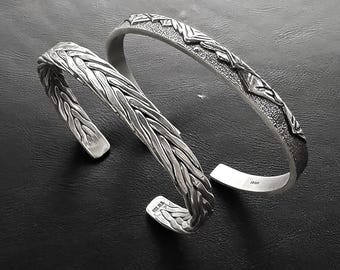 Oxidized Sterling Silver Cuff Bracelet Set: Bali Weave & Mountain Design, Viking braided texture Cuff