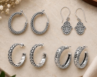 925 Sterling Silver Boho Hoop Earrings, Woven Braid Design, Antique Finish,