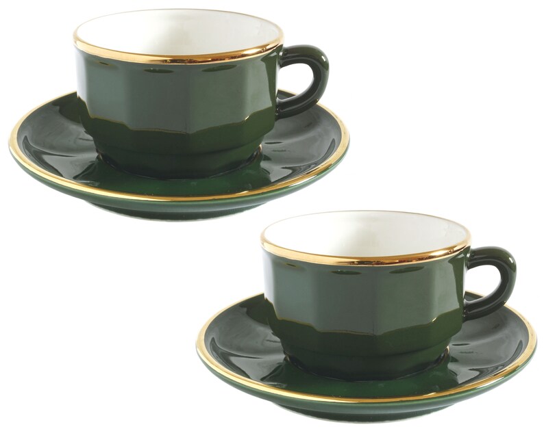 Two Apilco Tea Cups Green and Gold Cups With Saucers Etsy