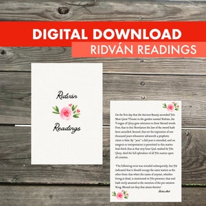 Puede incluir: Una descarga digital imprimible de Lecturas de Ridván, un texto baháʼí. El texto está impreso en un fondo blanco con un diseño floral rosa. El texto incluye las palabras "Lecturas de Ridván" y una cita de los Escritos baháʼís.