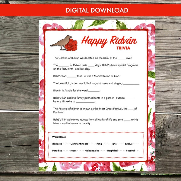 Digital Download - Happy Ridvan Trivia Game Printable - Baha'i Children's Activity for the Festival of Ridvan, Baha'u'llah's Declaration