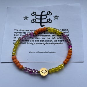 Delicate Small Beaded Bracelet with Gold Ringstone Symbol - Colorful Seed Beads - Baha&#39;i Jewelry Gifts for Kids