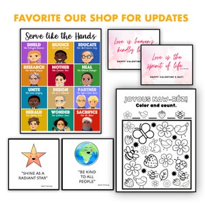 Puede incluir: Un conjunto de tarjetas de San Valent&iacute;n imprimibles y p&aacute;ginas para colorear. Las tarjetas presentan ilustraciones de corazones y el texto "El amor es la luz amable del cielo" y "El amor es el esp&iacute;ritu de la vida". La p&aacute;gina para colorear presenta una mariposa, flores, fresas, p&aacute;jaros y una mariquita. El texto en la p&aacute;gina para colorear dice "&iexcl;Feliz Naw-Ruz! Colorea y cuenta."