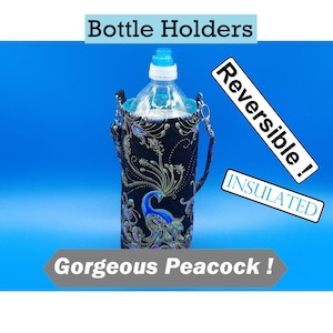 Water/Soda Bottle Holder, Reversible, Peacock/Mardi Gras Motif, Insulated, Lined, Great Gift for All Ages -Bottle NOT Included-