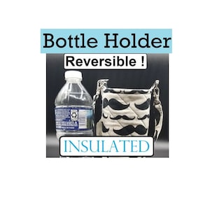 Water/Soda Bottle Holder, Mustache Motif, Insulated, Lined Adults, Teens, Kids, Great Gift -Bottle NOT Included-
