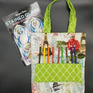 Coloring Tote Bag, Paris Eiffel Tower Motif, Quilted Fabric, Includes Colored Pencils or Crayons and Coloring Book, Kids, Teens, Adults