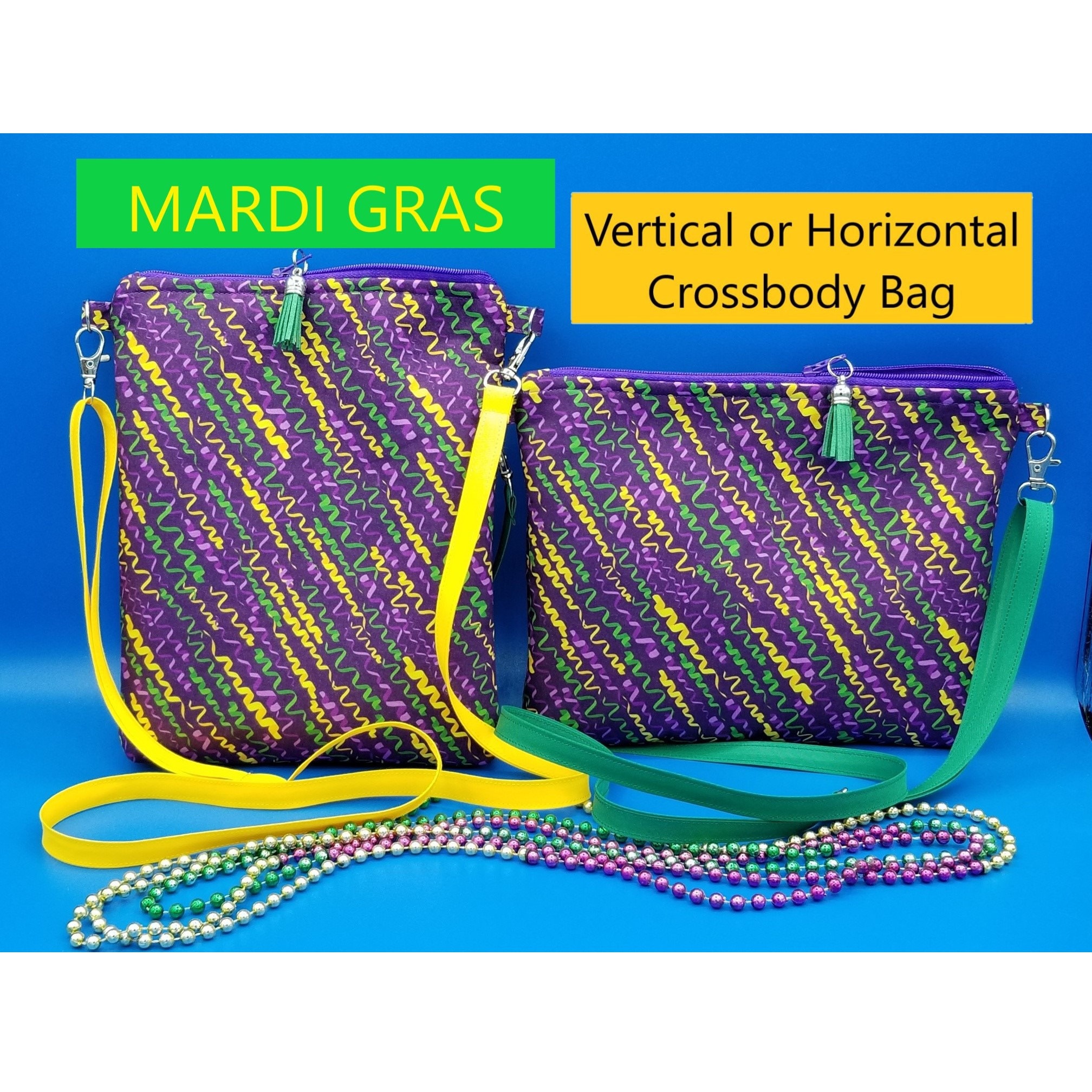 Umhängetasche mit Tasche, Mardi Gras Luftschlangen-Motiv. Ideal für Erwachsene, Jugendliche und Kinder. Verstellbarer Riemen. Vollständig gefüttert. Tolles Geschenk