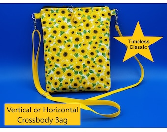 Crossbody Bag w/Pocket, Sunflower Motif,  Great for Adults, Teens, Kids. Adjustable Strap. Fully Lined. Great Gift