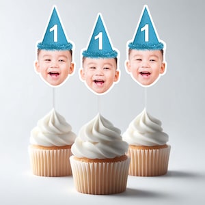 Customized Face Cutout Party Hat Cupcake Topper for Milestone First Birthday On A Stick Cupcake Decoration 12 Count in a Set