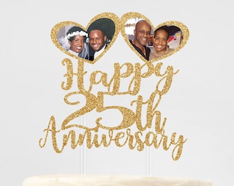 Customizable Happy Anniversary Photo Cake Topper - Any Year - Personalized Cake Decoration with 2 Photos