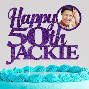 Personalized 50th Birthday Photo Cake Topper: Glitter Cardstock Keepsake