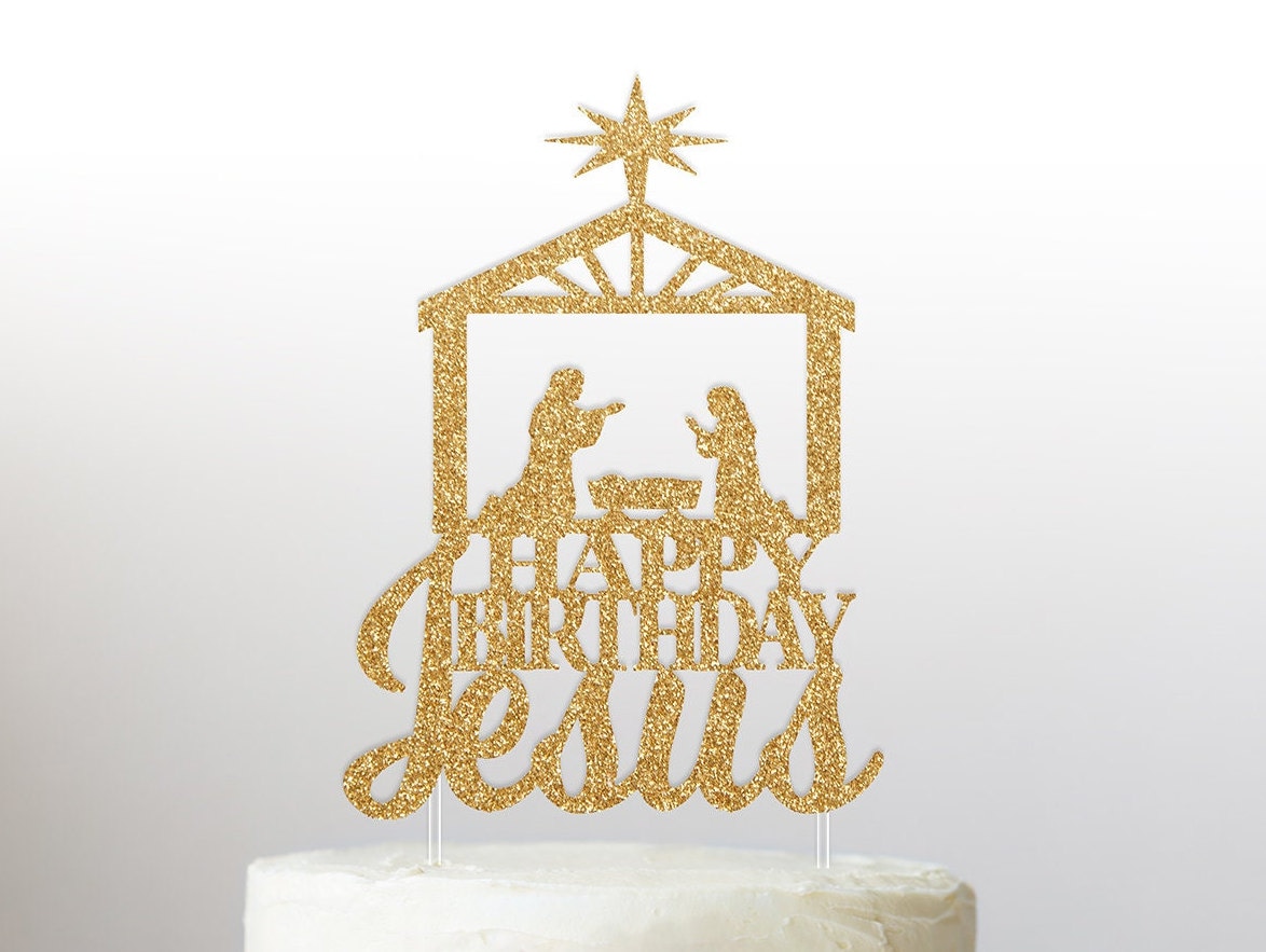 Jesus Happy Birthday Cake Topper - Glitter Nativity Christmas Cake Decor, Pre-Assembled With Stick For Birthday Parties - View #4