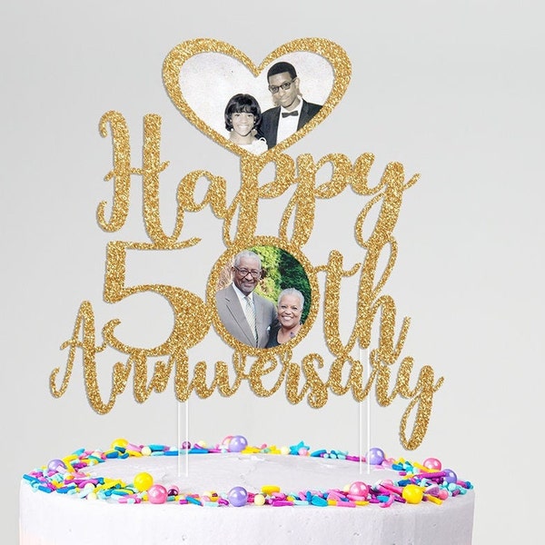 Customizable Anniversary Photo Cake Topper - Any Year Ending in 0 - 2 Photos - Personalized Anniversary Cake Decoration