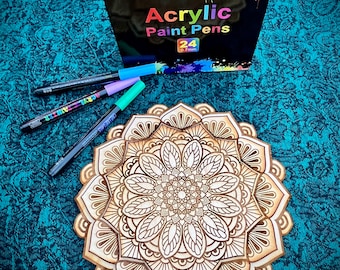 Kit fai da te per mandala in legno di betulla inciso: set di pittura con pennarelli