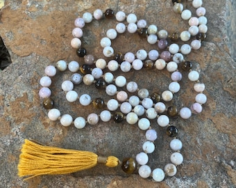 Pink Opal mala, Tiger’s eye, beaded necklace, prayer, meditation, mala, 002