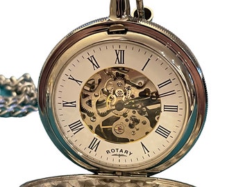 May include: A silver pocket watch with a white face and Roman numeral hour markers. The watch has a skeletonised movement and a chain attached to the top. The watch is open and the back is visible.