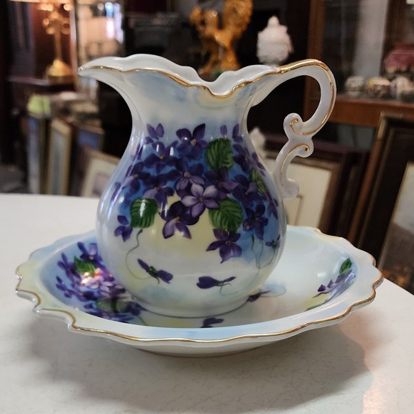 Vintage Norcrest Violet Flowered Bowl & Pitcher