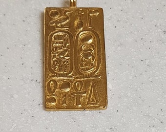 Vintage MMA King Tut Egyptian Revival Gold Plated Hieroglyph Tablet Pendant
