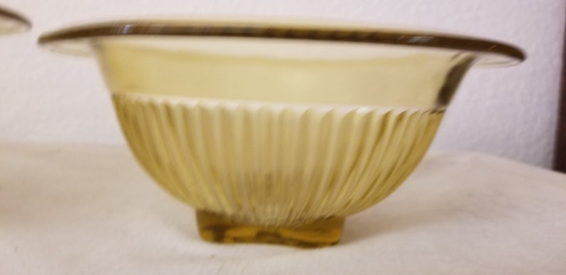 vintage kitchen ribbed bowl set Vintage Yellow Bowl Set footed bowls mixing bowls gold bowls 1950s bowls